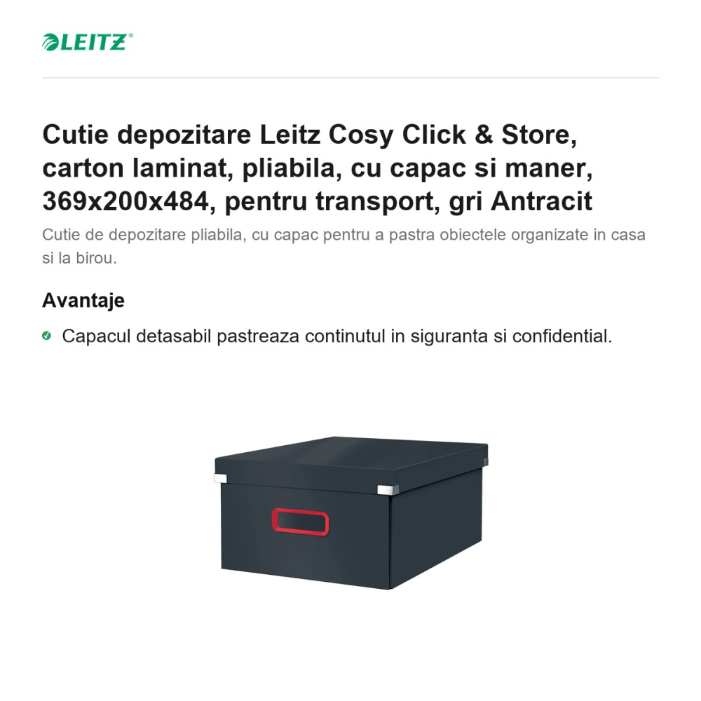 Cutie depozitare Leitz Cosy Click & Store, carton laminat, pliabila, cu capac si maner, 369x200x484, pentru transport, gri Antracit [2]