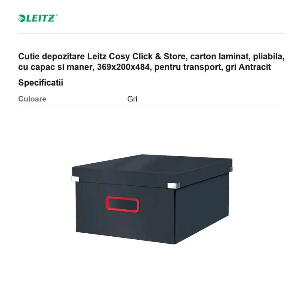 Cutie depozitare Leitz Cosy Click & Store, carton laminat, pliabila, cu capac si maner, 369x200x484, pentru transport, gri Antracit [3]