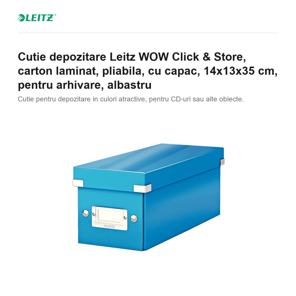 Cutie depozitare Leitz WOW Click & Store, carton laminat, pliabila, cu capac, 14x13x35 cm, pentru arhivare, albastru [2]