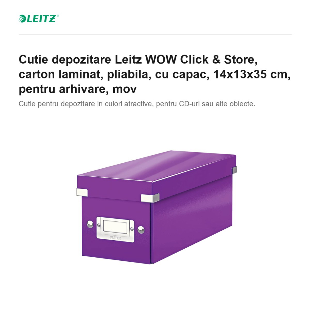 Cutie depozitare Leitz WOW Click & Store, carton laminat, pliabila, cu capac, 14x13x35 cm, pentru arhivare, mov [2]