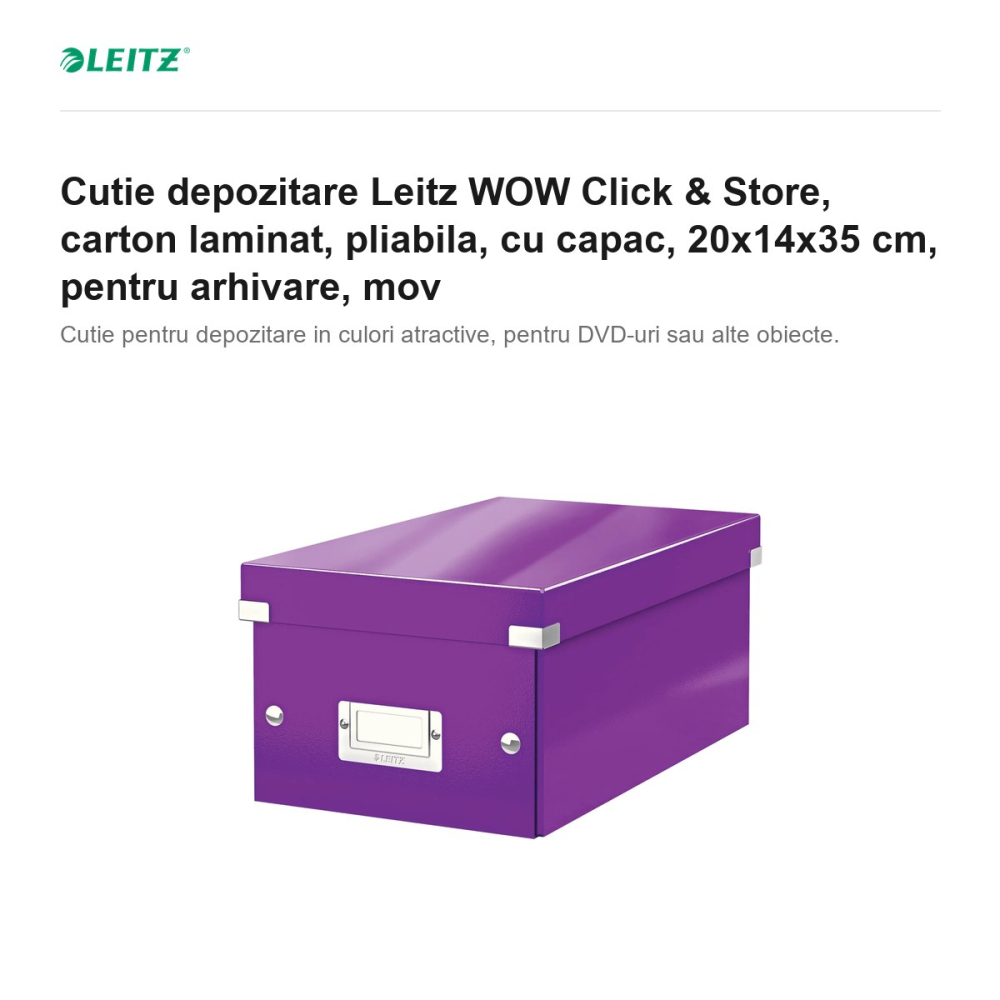 Cutie depozitare Leitz WOW Click & Store, carton laminat, pliabila, cu capac, 20x14x35 cm, pentru arhivare, mov [2]