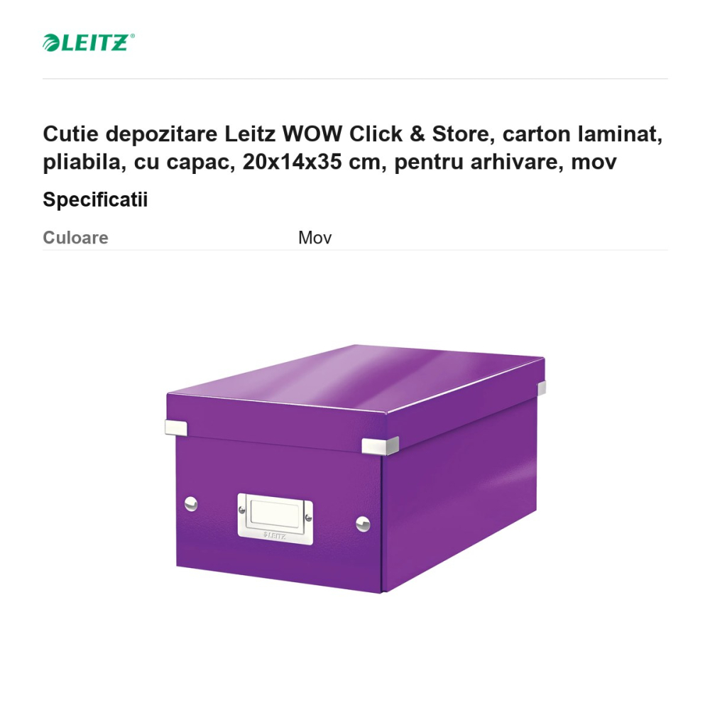 Cutie depozitare Leitz WOW Click & Store, carton laminat, pliabila, cu capac, 20x14x35 cm, pentru arhivare, mov [3]
