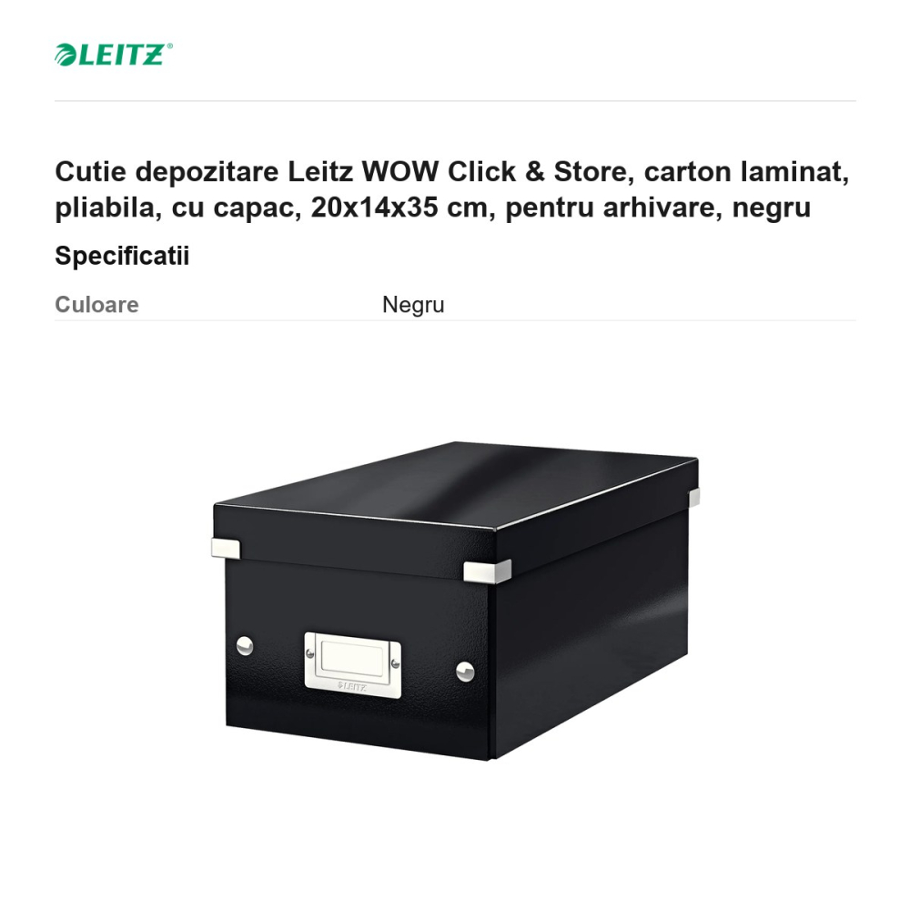 Cutie depozitare Leitz WOW Click & Store, carton laminat, pliabila, cu capac, 20x14x35 cm, pentru arhivare, negru [3]