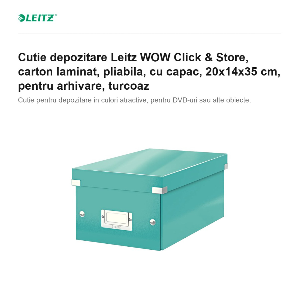 Cutie depozitare Leitz WOW Click & Store, carton laminat, pliabila, cu capac, 20x14x35 cm, pentru arhivare, turcoaz [2]