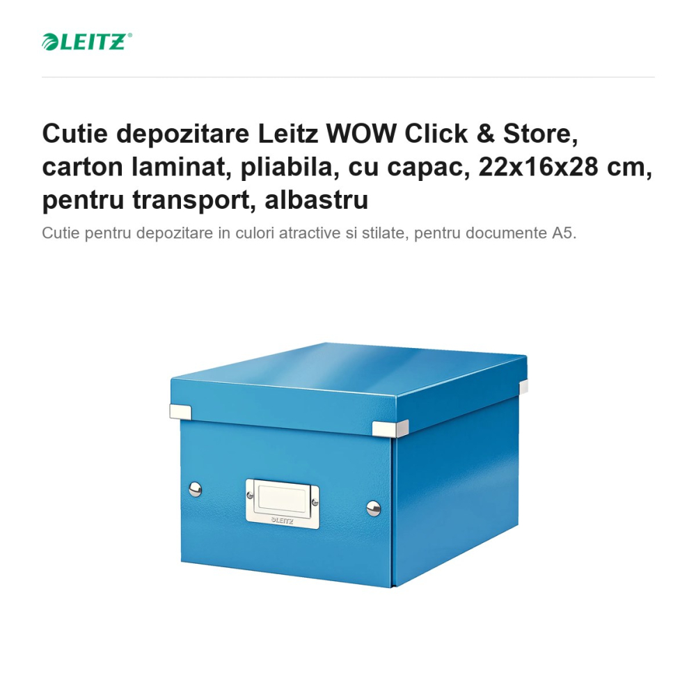 Cutie depozitare Leitz WOW Click & Store, carton laminat, pliabila, cu capac, 22x16x28 cm, pentru transport, albastru [2]