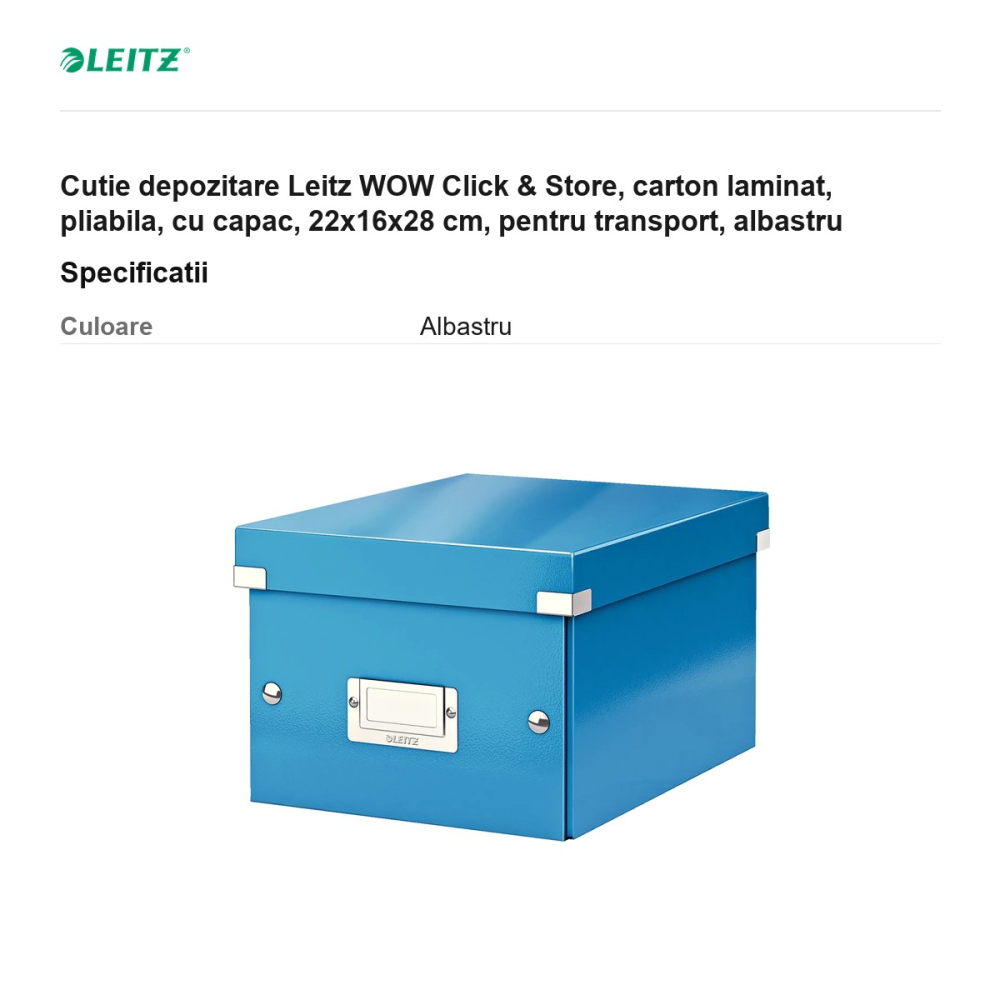 Cutie depozitare Leitz WOW Click & Store, carton laminat, pliabila, cu capac, 22x16x28 cm, pentru transport, albastru [3]