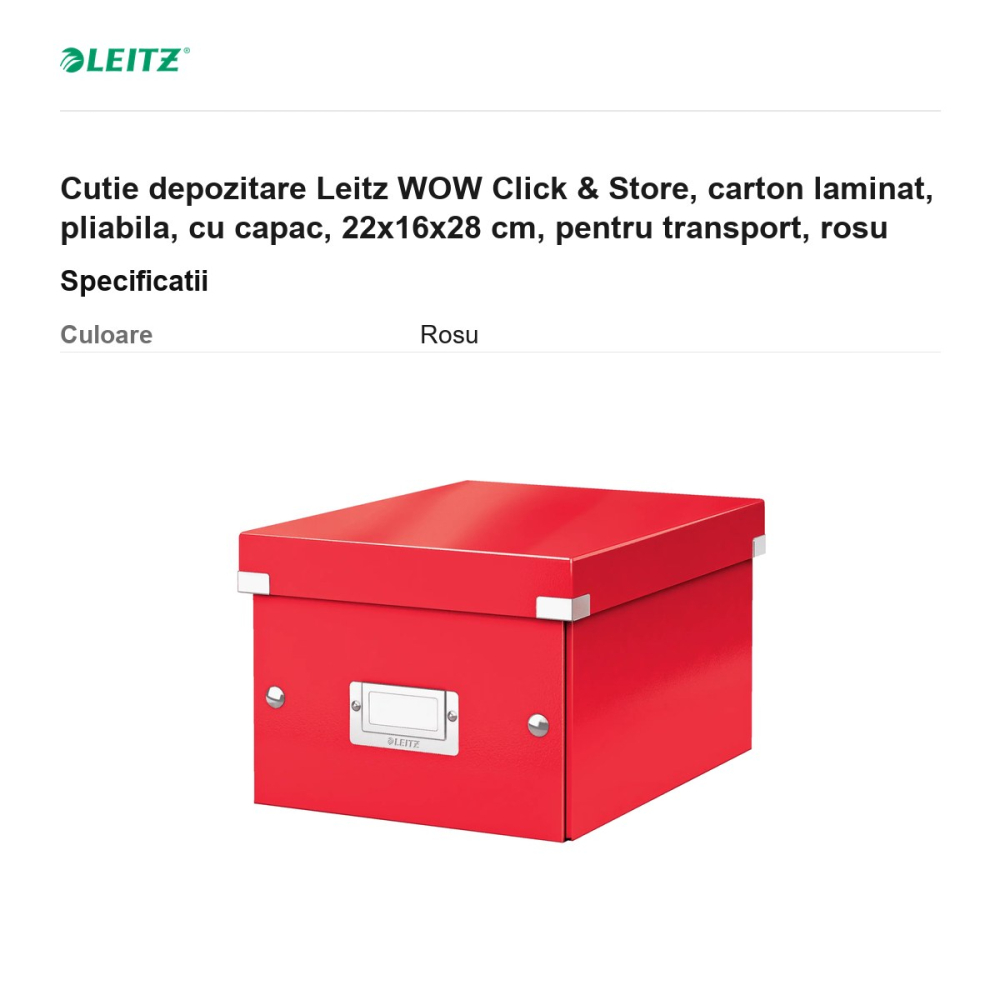 Cutie depozitare Leitz WOW Click & Store, carton laminat, pliabila, cu capac, 22x16x28 cm, pentru transport, rosu [3]