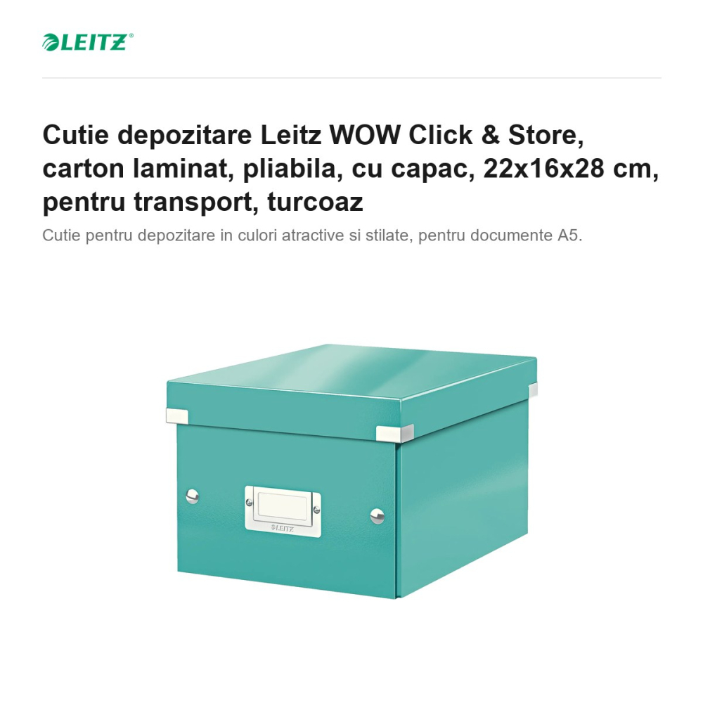Cutie depozitare Leitz WOW Click & Store, carton laminat, pliabila, cu capac, 22x16x28 cm, pentru transport, turcoaz [2]