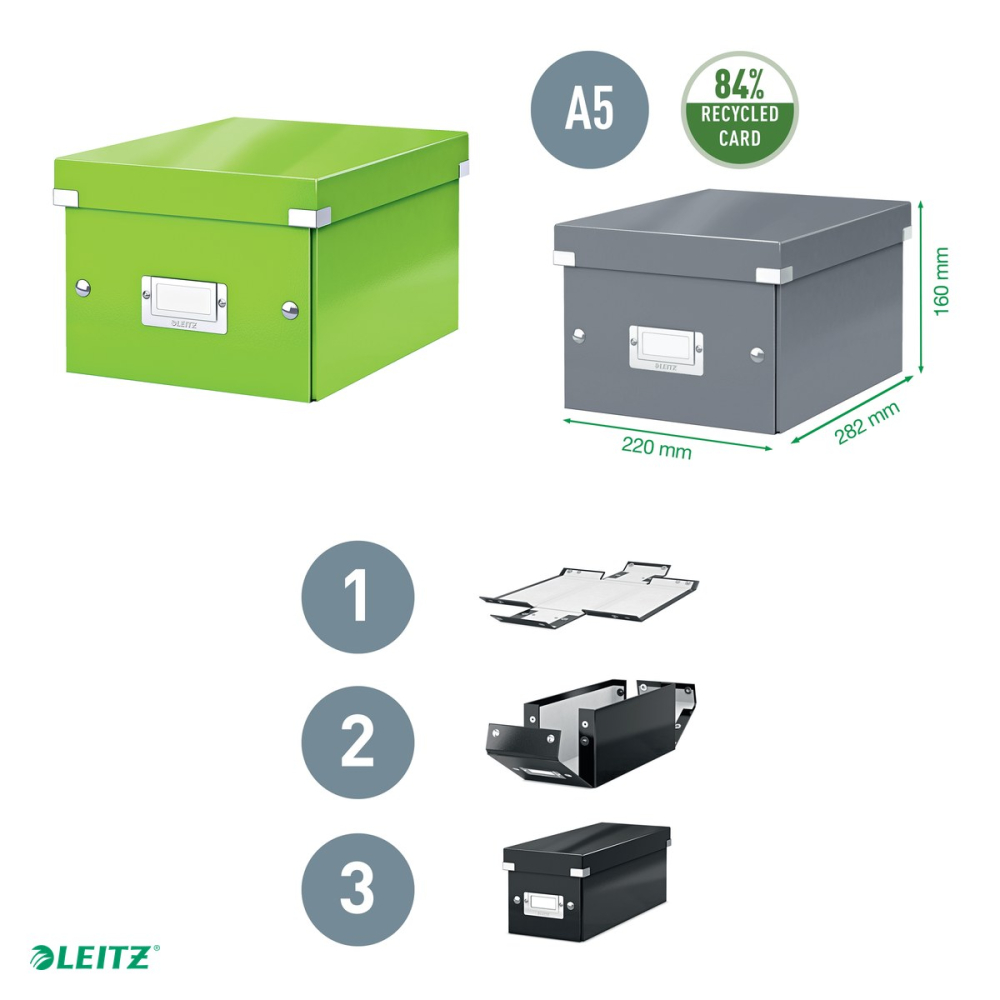 Cutie depozitare Leitz WOW Click & Store, carton laminat, pliabila, cu capac, 22x16x28 cm, pentru transport, verde [4]