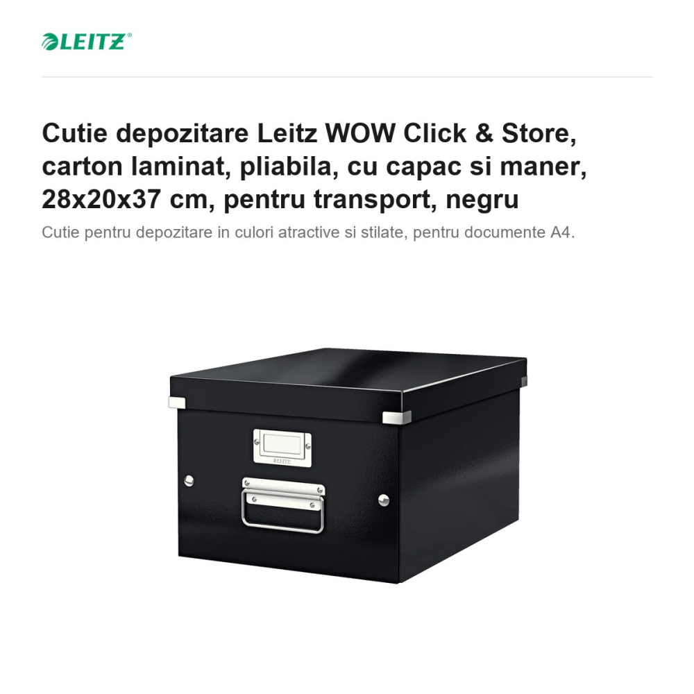 Cutie depozitare Leitz WOW Click & Store, carton laminat, pliabila, cu capac si maner, 28x20x37 cm, pentru transport, negru [2]