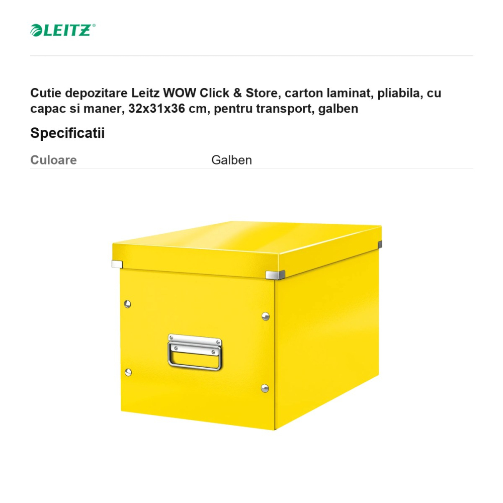 Cutie depozitare Leitz WOW Click & Store, carton laminat, pliabila, cu capac si maner, 32x31x36 cm, pentru transport, galben [3]