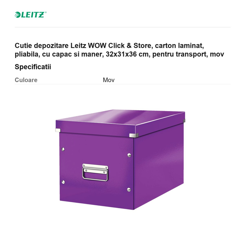 Cutie depozitare Leitz WOW Click & Store, carton laminat, pliabila, cu capac si maner, 32x31x36 cm, pentru transport, mov [3]