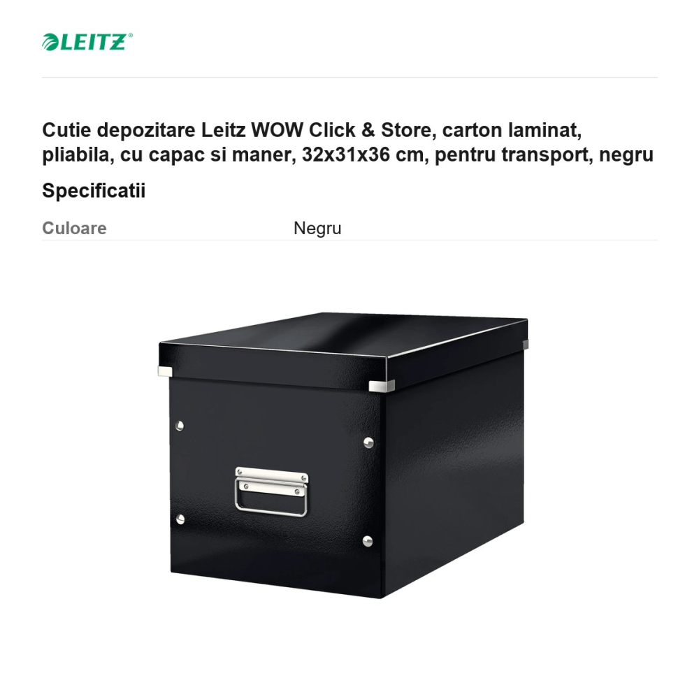 Cutie depozitare Leitz WOW Click & Store, carton laminat, pliabila, cu capac si maner, 32x31x36 cm, pentru transport, negru [3]