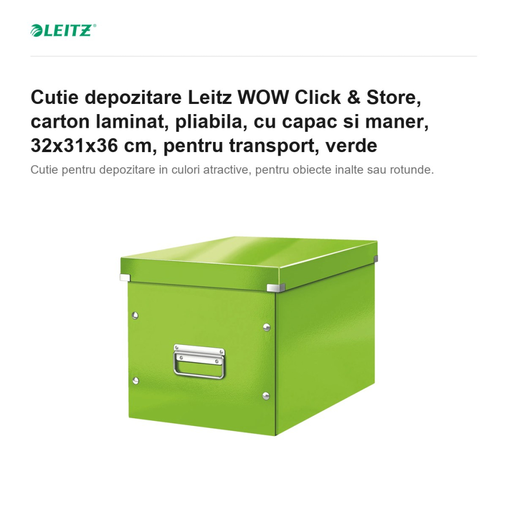 Cutie depozitare Leitz WOW Click & Store, carton laminat, pliabila, cu capac si maner, 32x31x36 cm, pentru transport, verde [2]