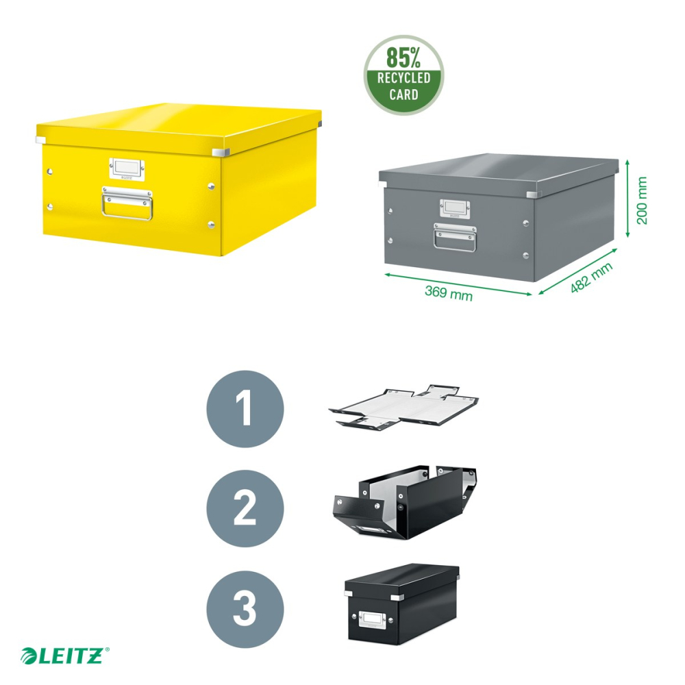 Cutie depozitare Leitz WOW Click & Store, carton laminat, pliabila, cu capac si maner, 36x20x48 cm, pentru transport, galben [4]