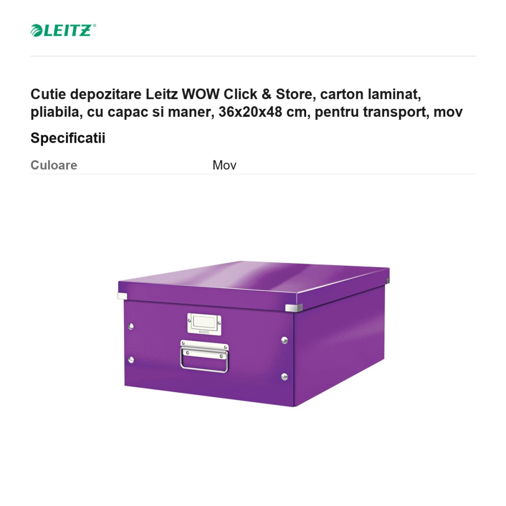 Cutie depozitare Leitz WOW Click & Store, carton laminat, pliabila, cu capac si maner, 36x20x48 cm, pentru transport, mov [3]