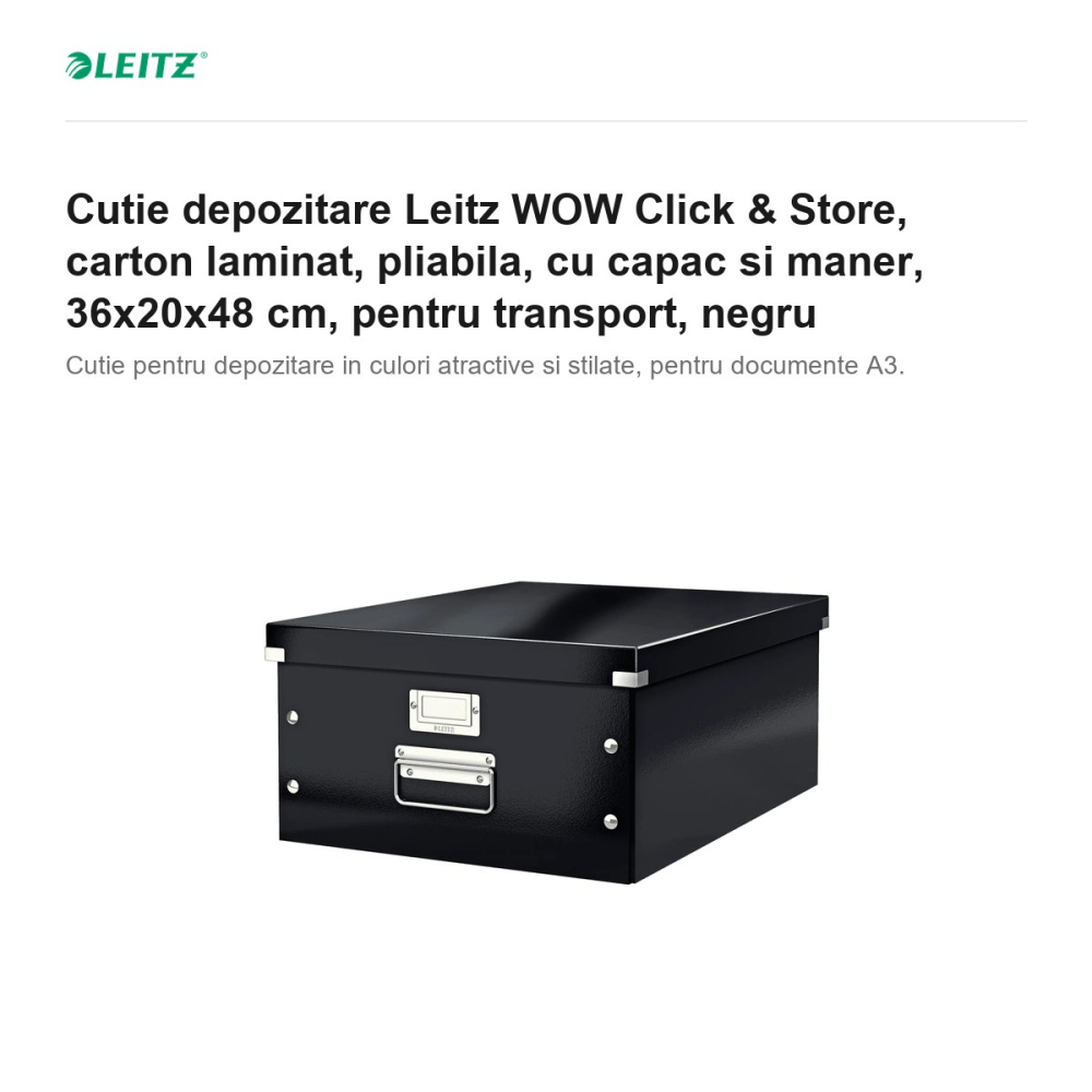 Cutie depozitare Leitz WOW Click & Store, carton laminat, pliabila, cu capac si maner, 36x20x48 cm, pentru transport, negru [2]