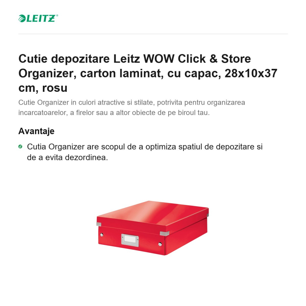 Cutie depozitare Leitz WOW Click & Store Organizer, carton laminat, cu capac, 28x10x37 cm, rosu [2]