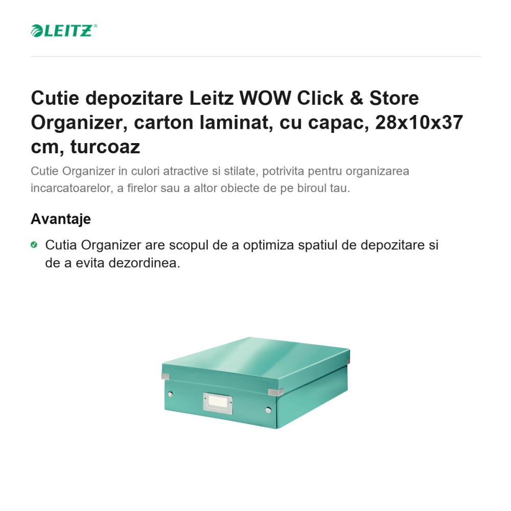Cutie depozitare Leitz WOW Click & Store Organizer, carton laminat, cu capac, 28x10x37 cm, turcoaz [2]