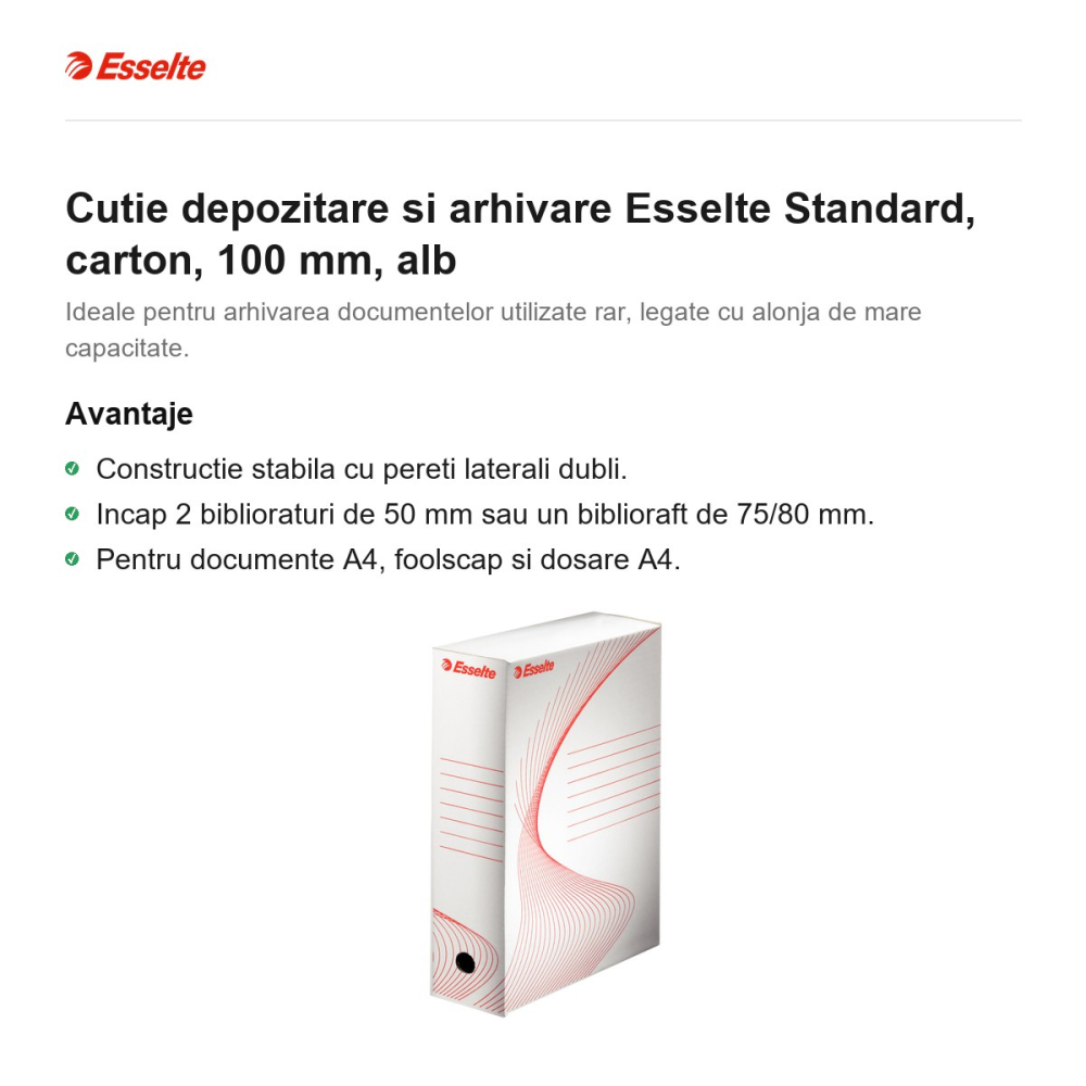 Cutie depozitare si arhivare Esselte Standard, carton, 100 mm, alb [2]