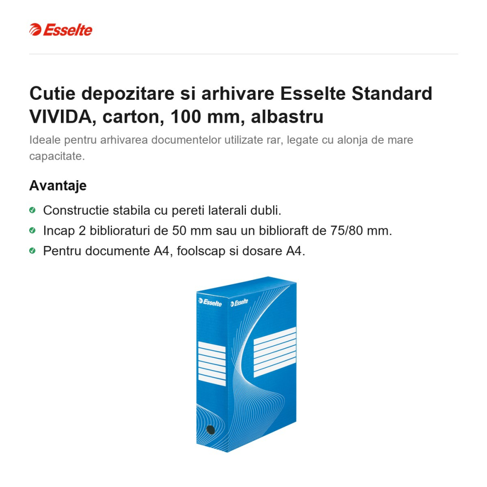 Cutie depozitare si arhivare Esselte Standard VIVIDA, carton, 100 mm, albastru [2]