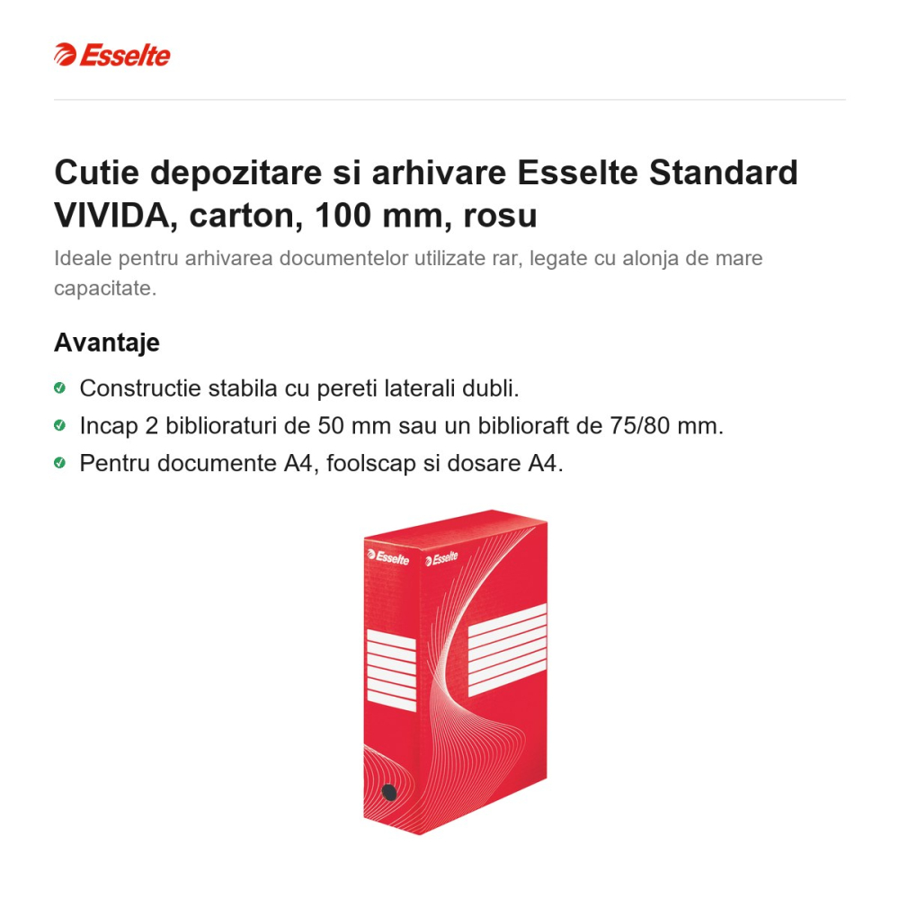 Cutie depozitare si arhivare Esselte Standard VIVIDA, carton, 100 mm, rosu [2]