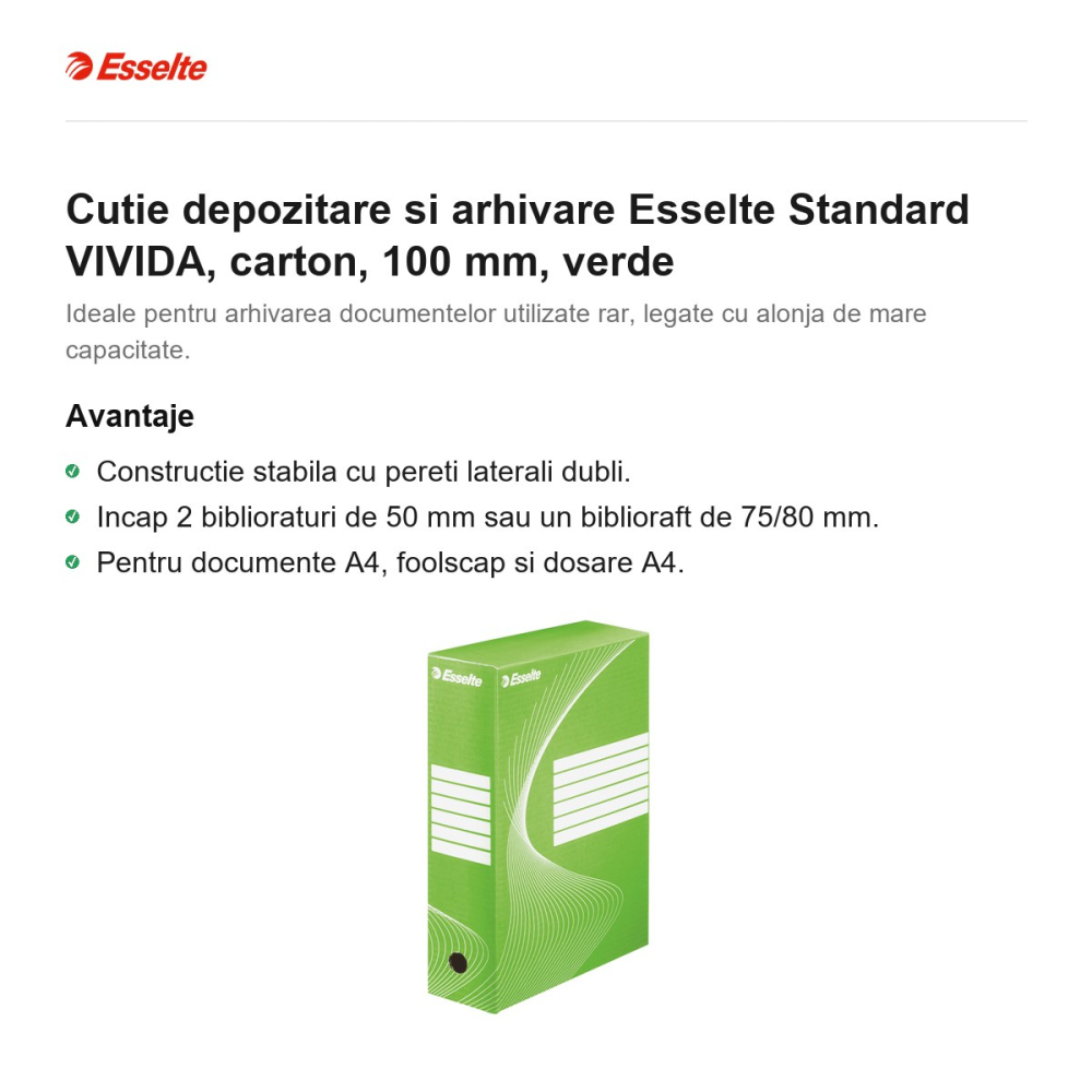Cutie depozitare si arhivare Esselte Standard VIVIDA, carton, 100 mm, verde [2]