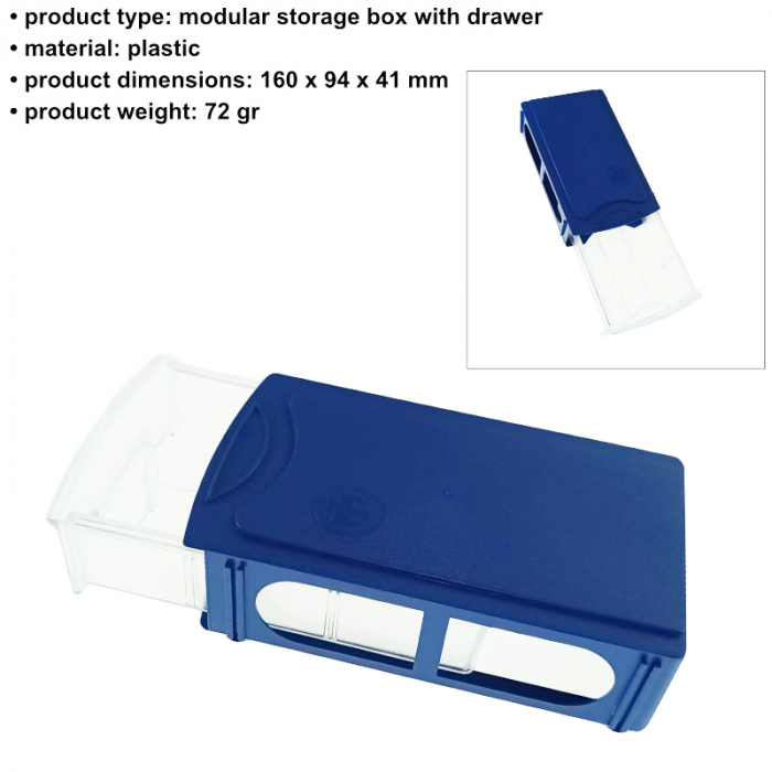 Cutie depozitare tip sertar modular, 160x94x41mm, P-068, din plastic, albastra [7]