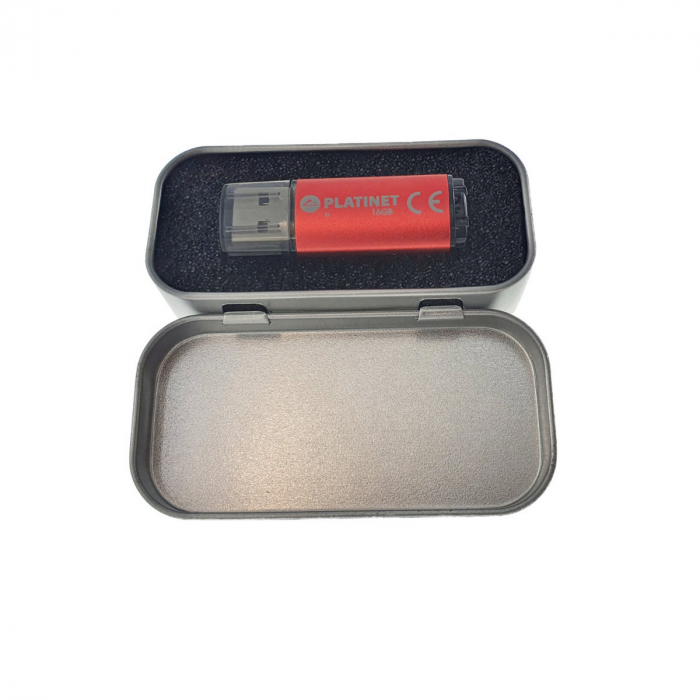 Cutie personalizabila Platinet Pendrive Box 45173, 80x40x20mm, pentru memorie USB, metalica, inchidere tip carte, argintie [10]