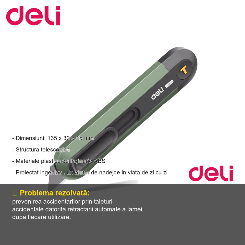Cutter cu retractare automata Deli Home Series, lama inox innegrita forma T, pentru uz casnic si birou [2]
