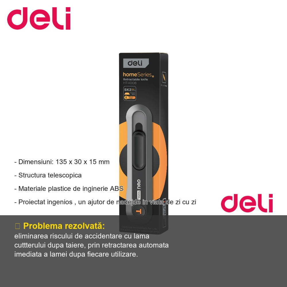 Cutter cu retractare automata Deli Home Series, lama inox innegrita, uz casnic si birou [2]