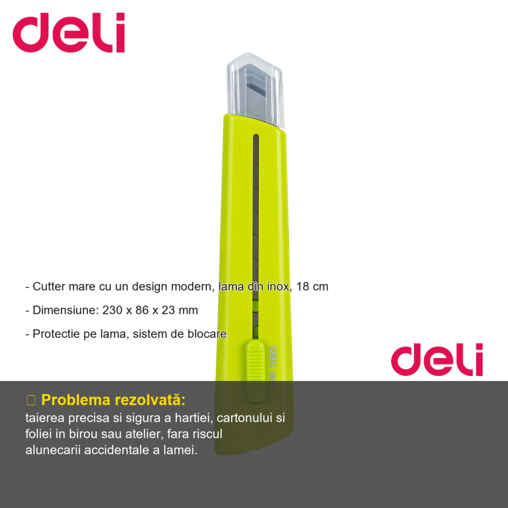 Cutter mare Deli cu lama inox 18 mm, protectie lama si sistem de blocare, pentru taieri precise [2]
