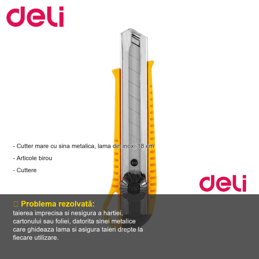 Cutter mare Deli cu sina metalica, lama inox 18 mm, pentru taiere precisa a materialelor groase [2]