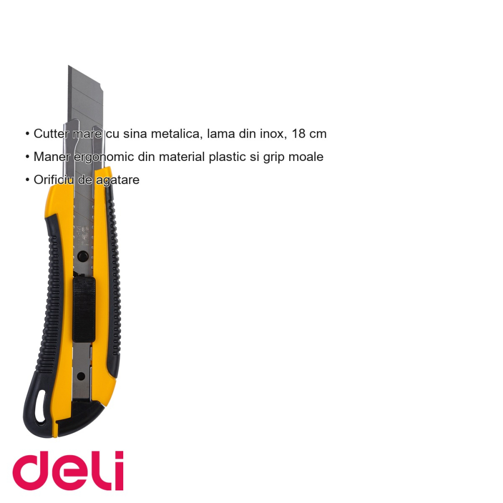 Cutter mare Deli, lama inox 18 mm cu sina metalica si grip moale, pentru taiere precisa [3]