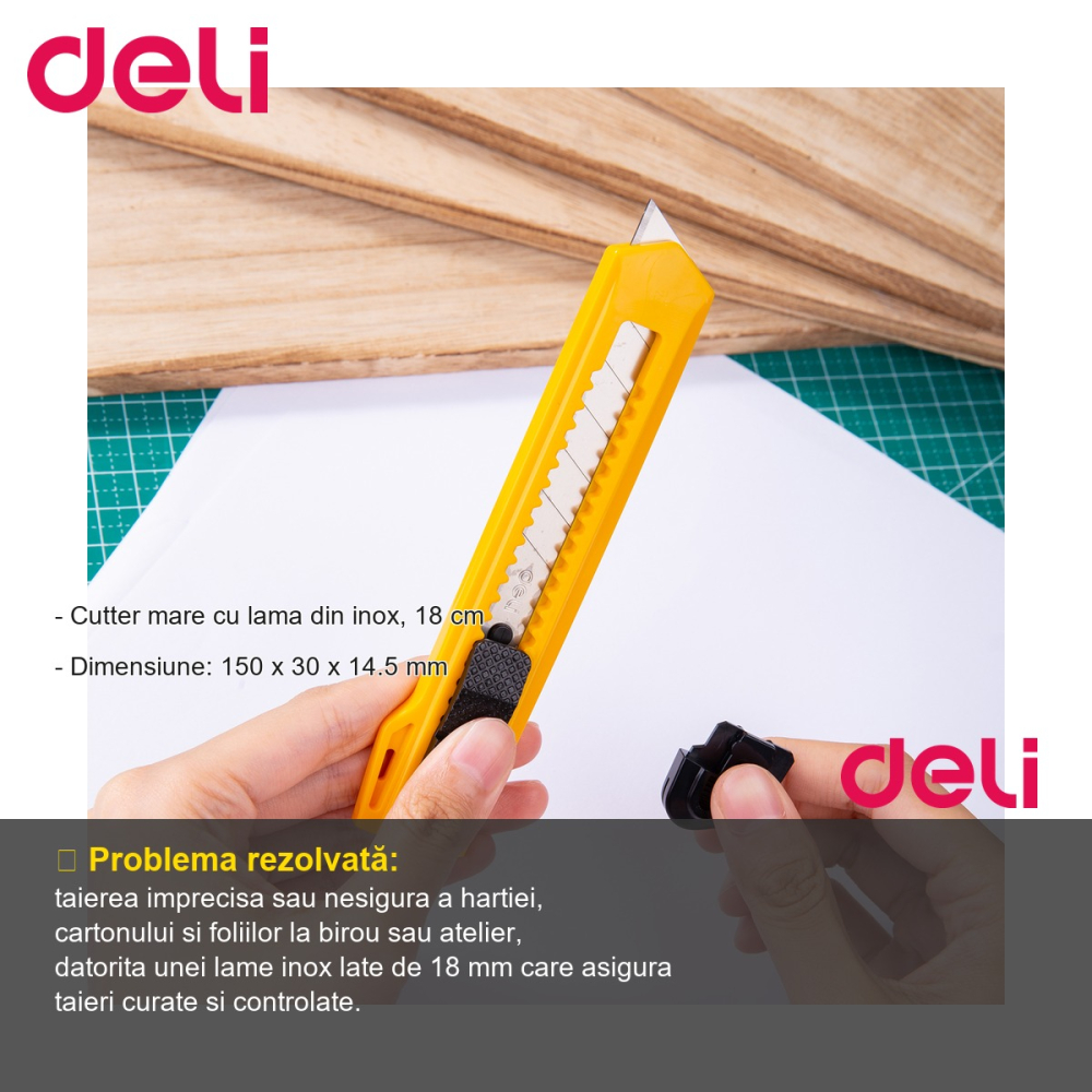 Cutter mare Deli, lama inox 18 mm, pentru taieri precise la birou si ateliere [2]