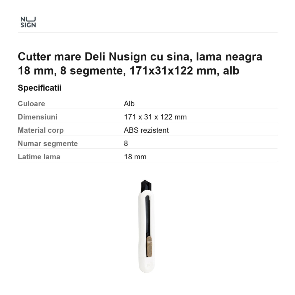 Cutter mare Deli Nusign cu sina, lama neagra 18 mm, 8 segmente, 171x31x122 mm, alb [3]