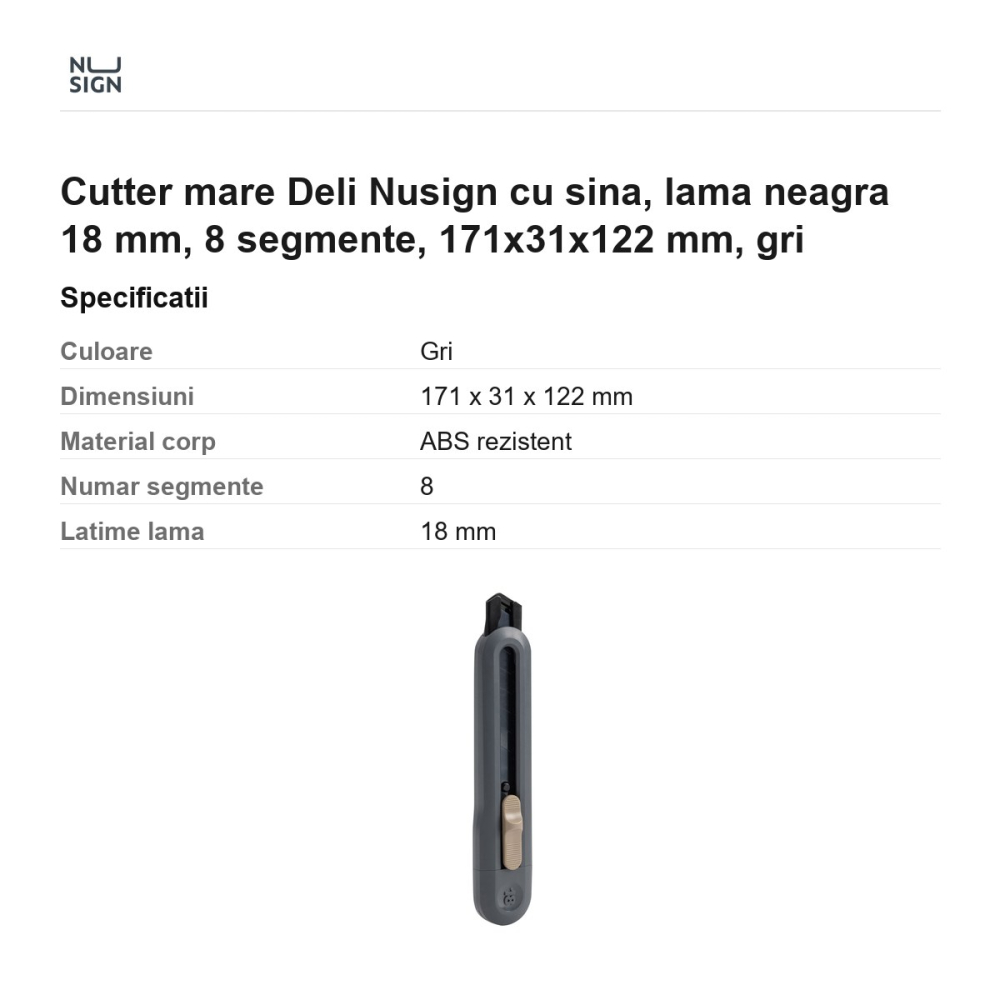 Cutter mare Deli Nusign cu sina, lama neagra 18 mm, 8 segmente, 171x31x122 mm, gri [3]