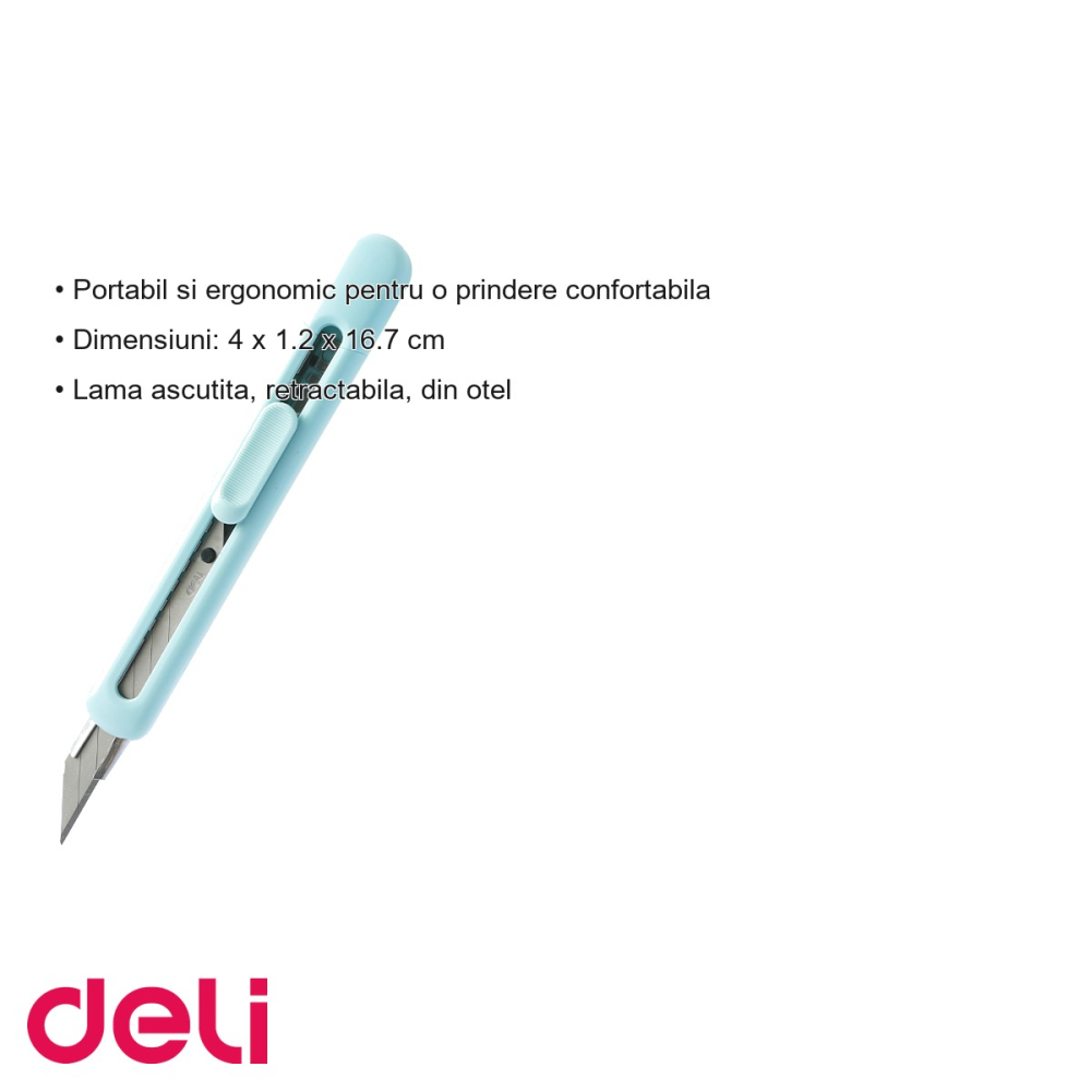 Cutter mic Deli din plastic reciclat, lama retractabila din otel, albastru, pentru birou si uz general [3]