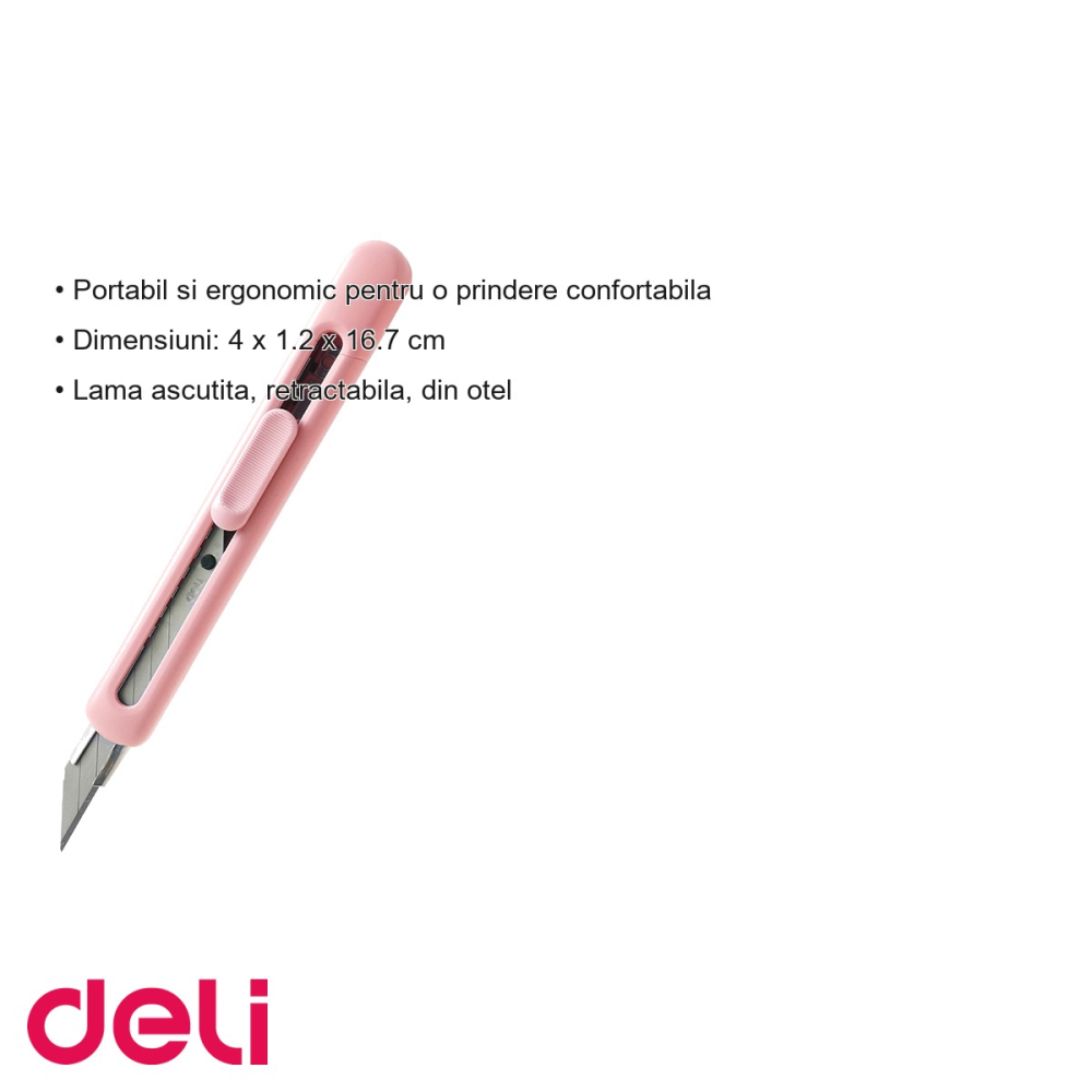 Cutter mic Deli din plastic reciclat, lama retractabila din otel, unghi 30°, culoare roz [3]