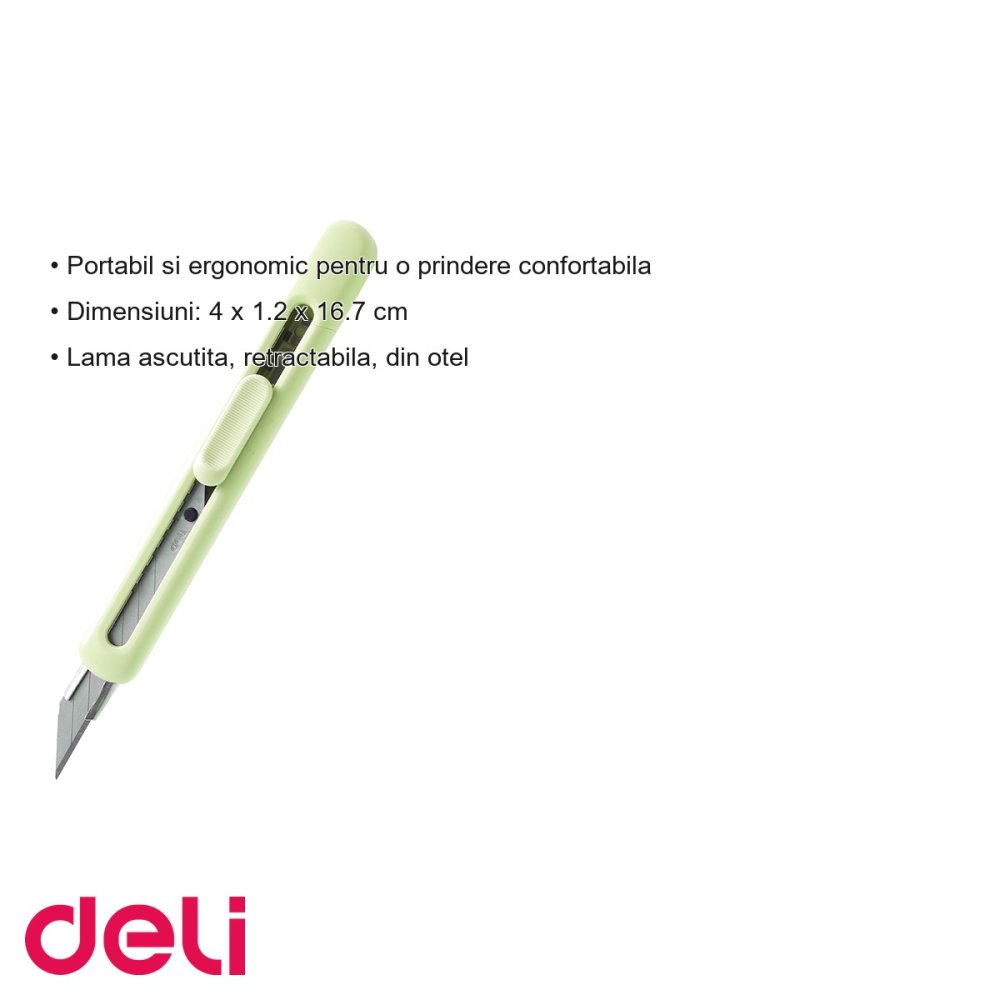 Cutter mic Deli din plastic reciclat, lama retractabila din otel, verde, pentru taieri precise la birou [3]