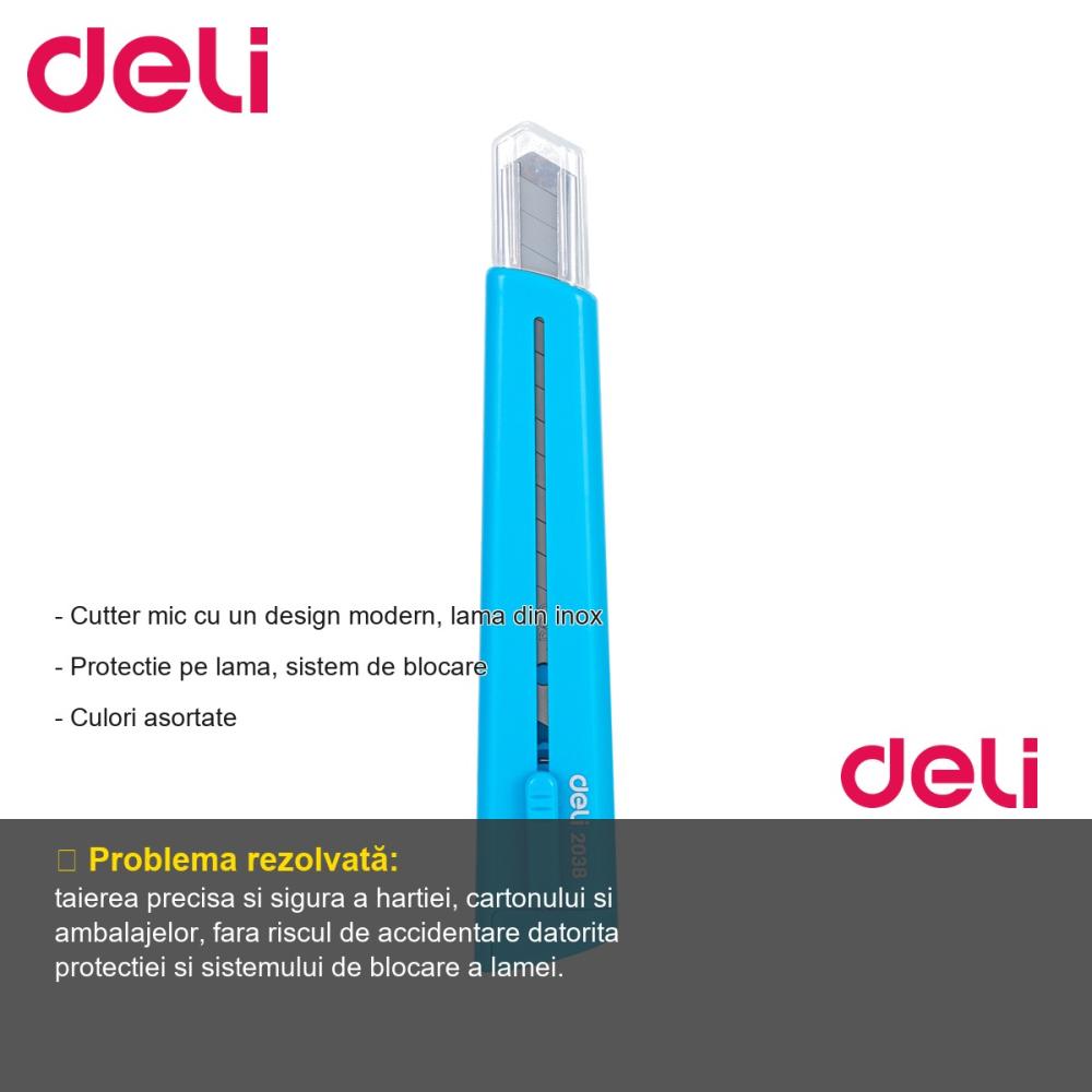Cutter mic Deli Modern, lama inox cu protectie si sistem de blocare, pentru birou si scoala [2]