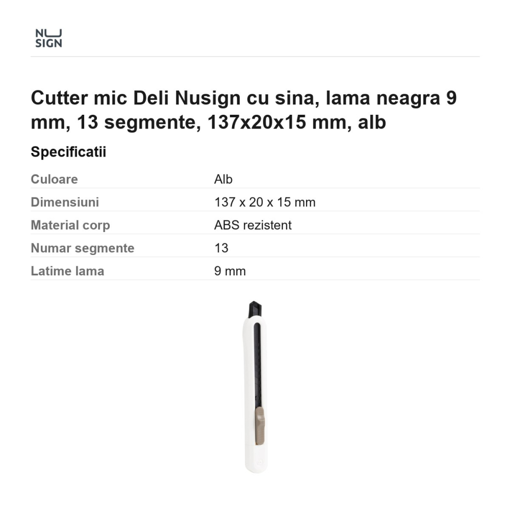 Cutter mic Deli Nusign cu sina, lama neagra 9 mm, 13 segmente, 137x20x15 mm, alb [3]