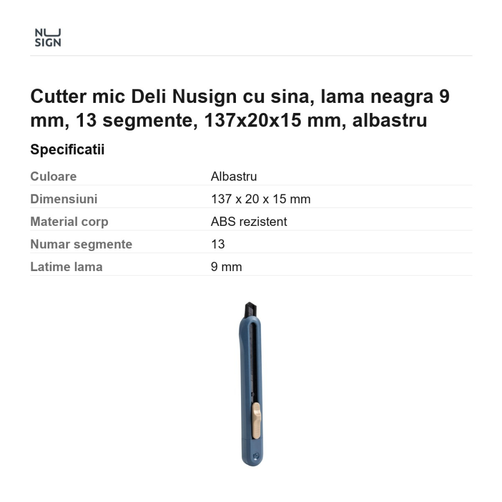 Cutter mic Deli Nusign cu sina, lama neagra 9 mm, 13 segmente, 137x20x15 mm, albastru [3]