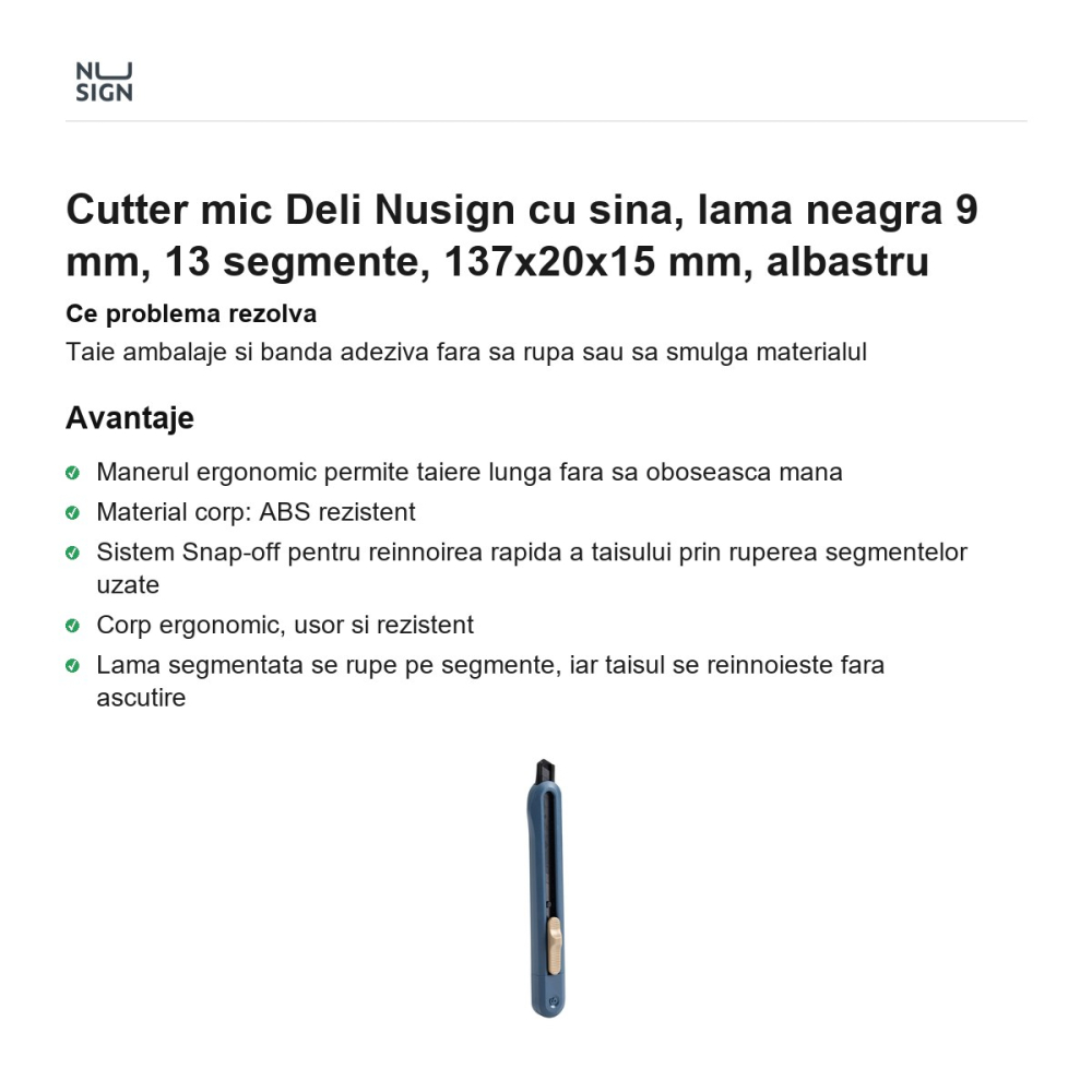 Cutter mic Deli Nusign cu sina, lama neagra 9 mm, 13 segmente, 137x20x15 mm, albastru [2]