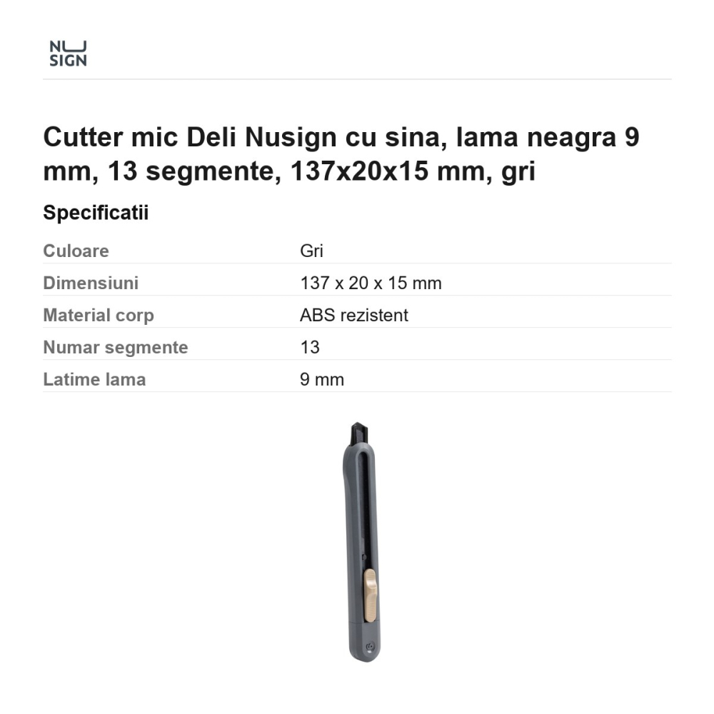 Cutter mic Deli Nusign cu sina, lama neagra 9 mm, 13 segmente, 137x20x15 mm, gri [3]