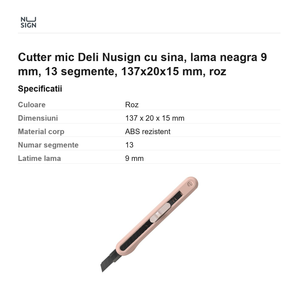 Cutter mic Deli Nusign cu sina, lama neagra 9 mm, 13 segmente, 137x20x15 mm, roz [3]