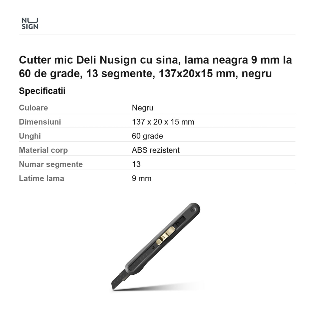 Cutter mic Deli Nusign cu sina, lama neagra 9 mm la 60 de grade, 13 segmente, 137x20x15 mm, negru [3]