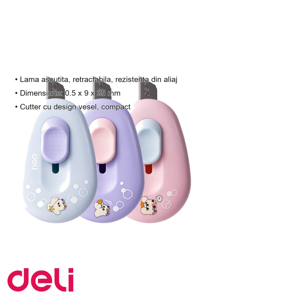 Cutter mini Deli M155, lama retractabila din aliaj, culori pastel asortate, pentru scoala si birou [3]