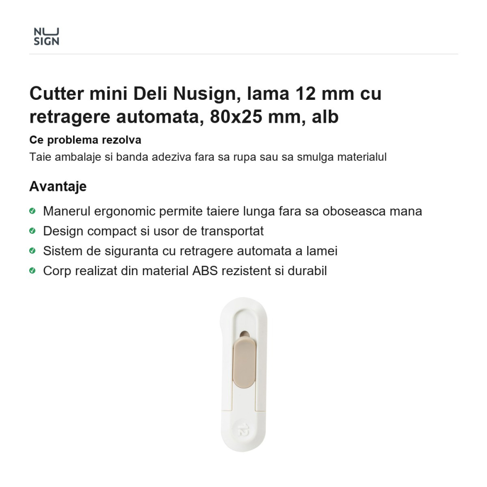 Cutter mini Deli Nusign, lama 12 mm cu retragere automata, 80x25 mm, alb [2]