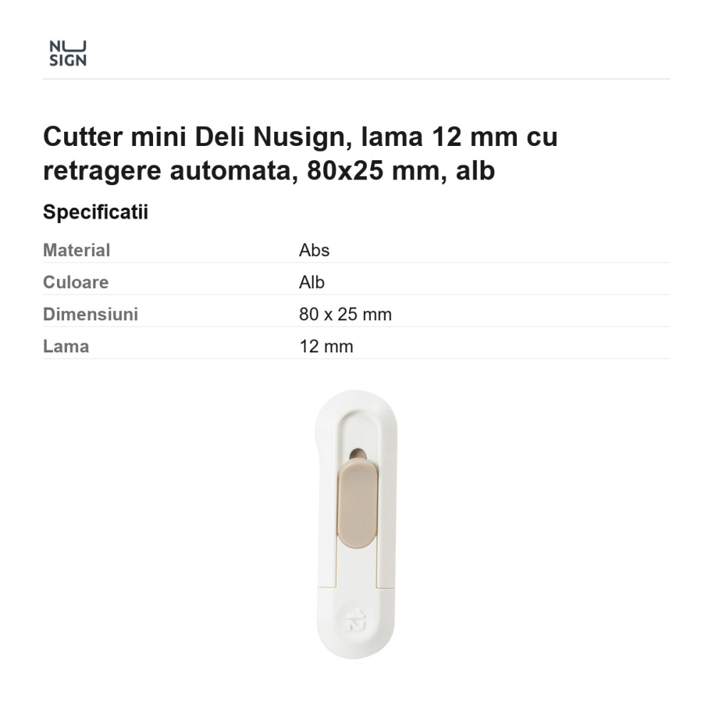Cutter mini Deli Nusign, lama 12 mm cu retragere automata, 80x25 mm, alb [3]